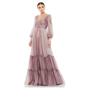 Brand new with no tags MAC DUGGAL FAUX WRAP LONG SLEEVE TIERED GOWN